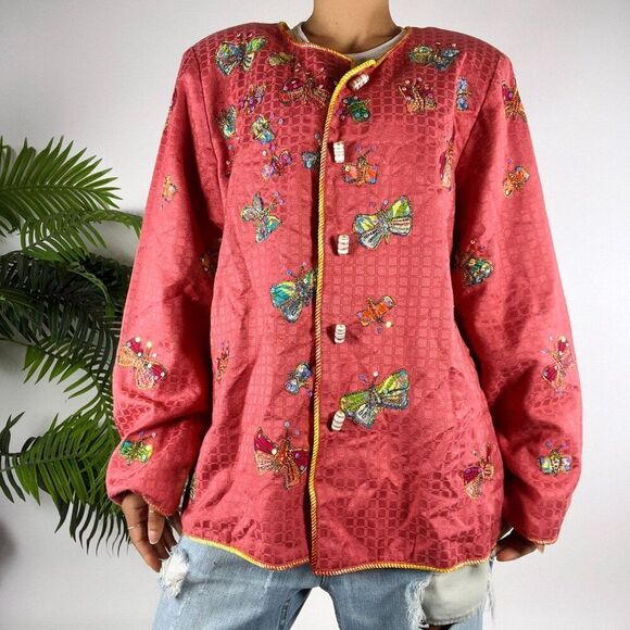Vintage 90s Indigo Moon Pink Embroidered Butterfly Bohemian Oversized Jacket / L - Picture 4 of 6